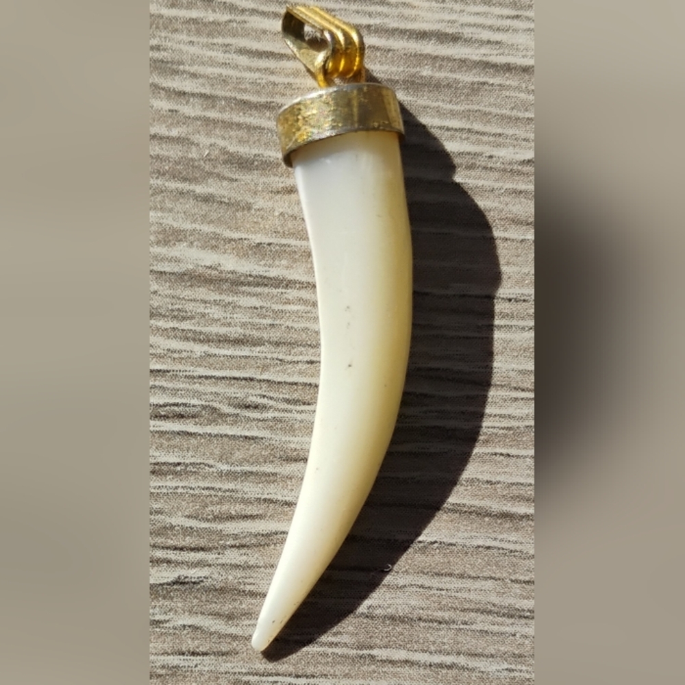 70's Mother Of Pearl Cornicello Horn Charm Pendant Gold Plated Jewelry Italian